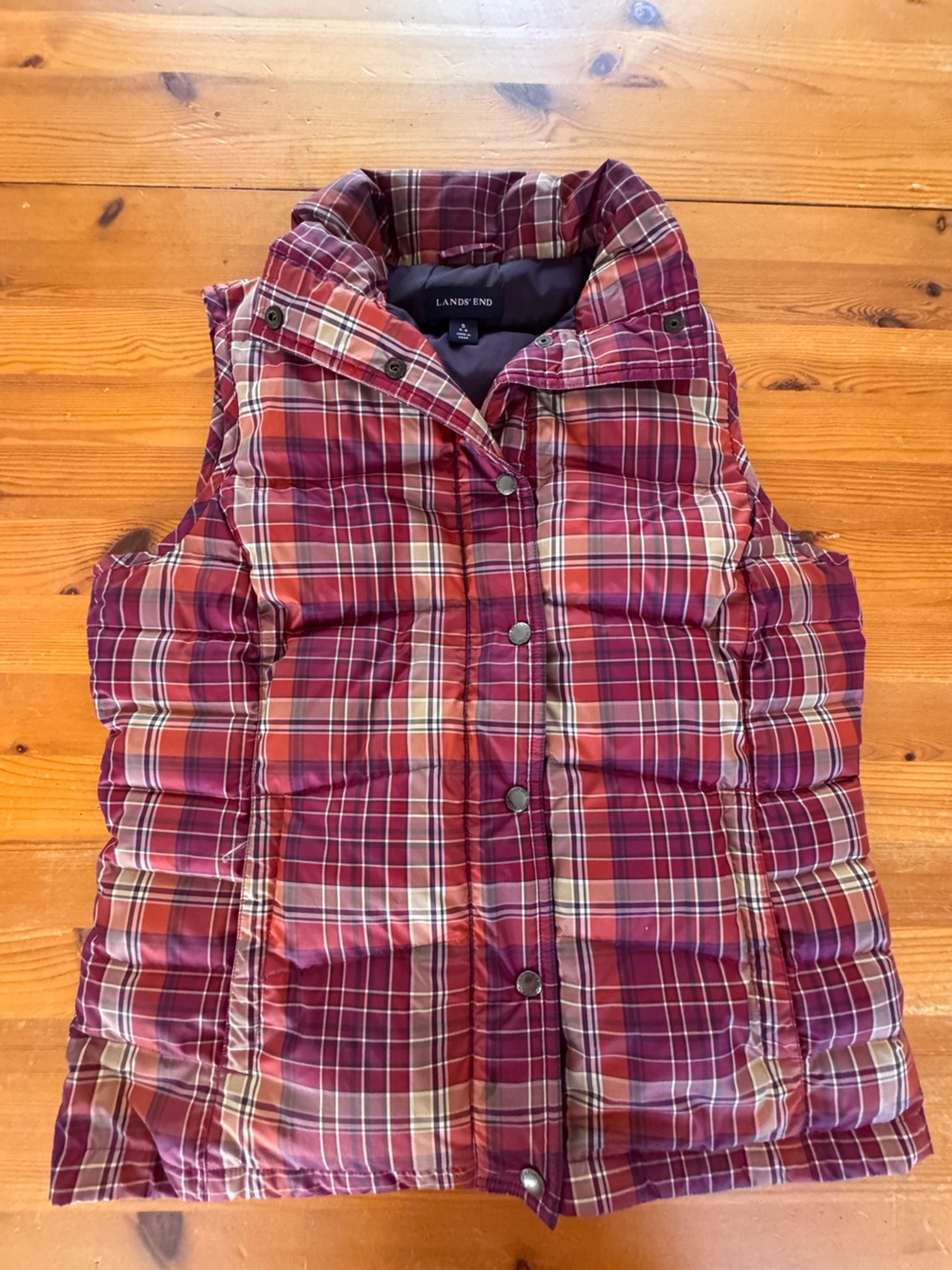 Lands' End Quilted Vest in Deep Burgundy Plaid